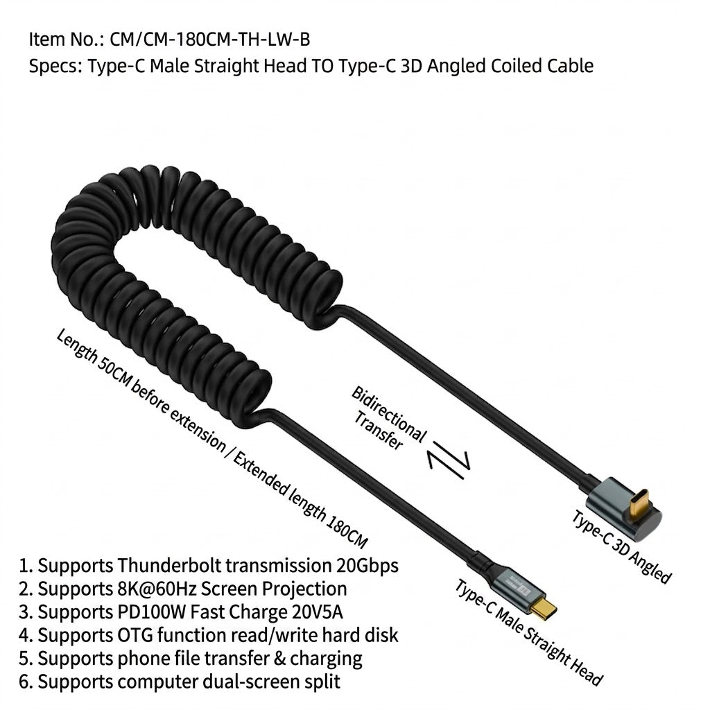Full-Featured Fast Charging Spring Cable | 100W | 20Gbps | PD 3.2 | Audio & Video | USB-C Data Cable | RRCR260815A290