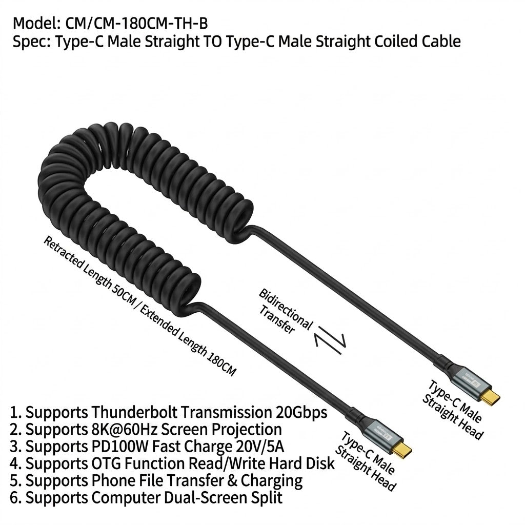 Full-Featured Fast Charging Spring Cable | 100W | 20Gbps | PD 3.2 | Audio & Video | USB-C Data Cable | RRCR260815A290