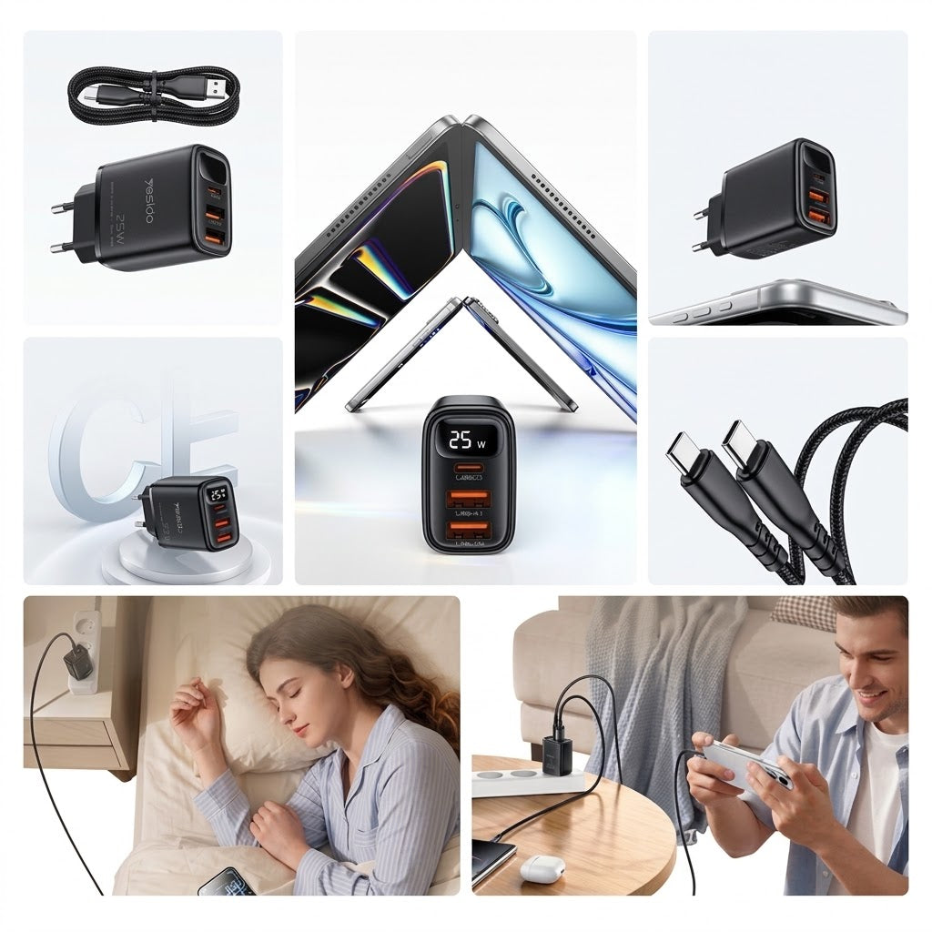 Digital Display Mobile Phone Charger | 3-Port Fast Charging Power Adapter | Type-C Android & iPhone Compatible Charger Head | RRCR260926A391