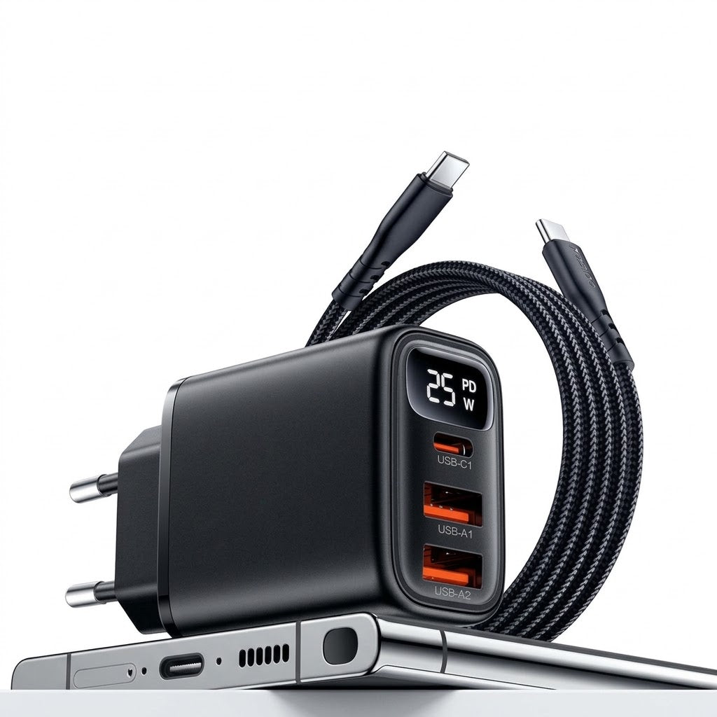 Digital Display Mobile Phone Charger | 3-Port Fast Charging Power Adapter | Type-C Android & iPhone Compatible Charger Head | RRCR260926A391